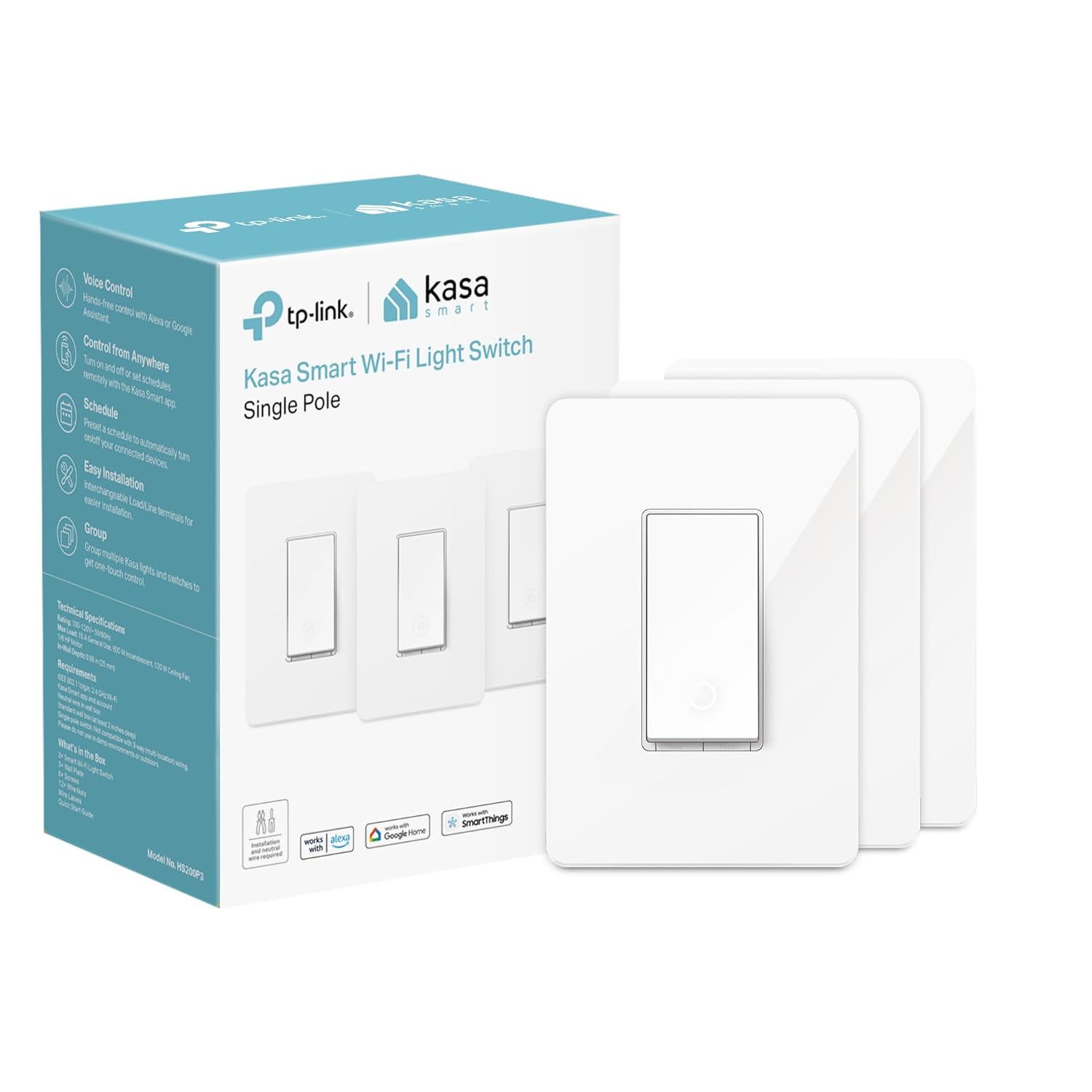 Kasa Smart Light Switch HS200P3, Single Pole, Needs Neutral Wire, 2.4GHz Wi-Fi Light Switch Compatib