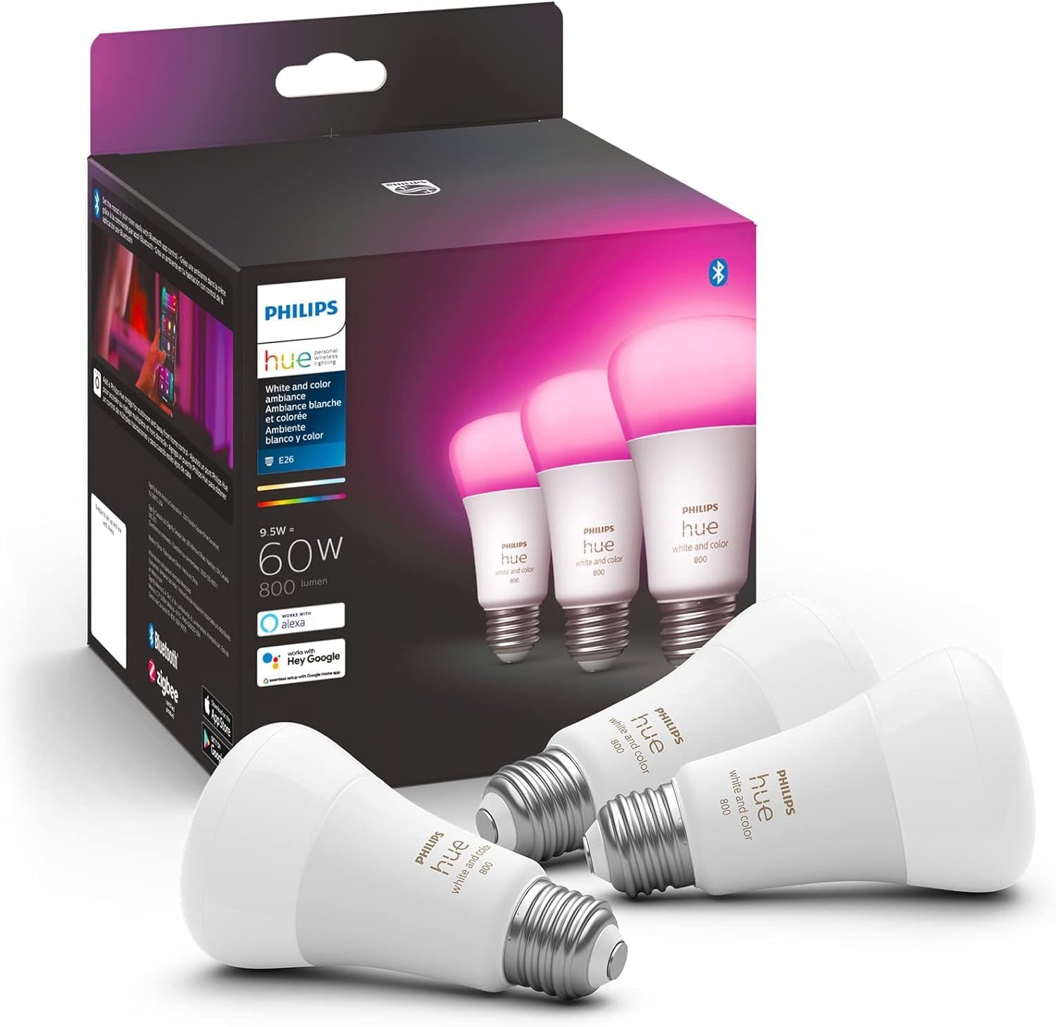 Philips Hue A19 LED Smart Light Bulb - White and Color Ambiance - 60W Indoor Light Bulb - Control wi