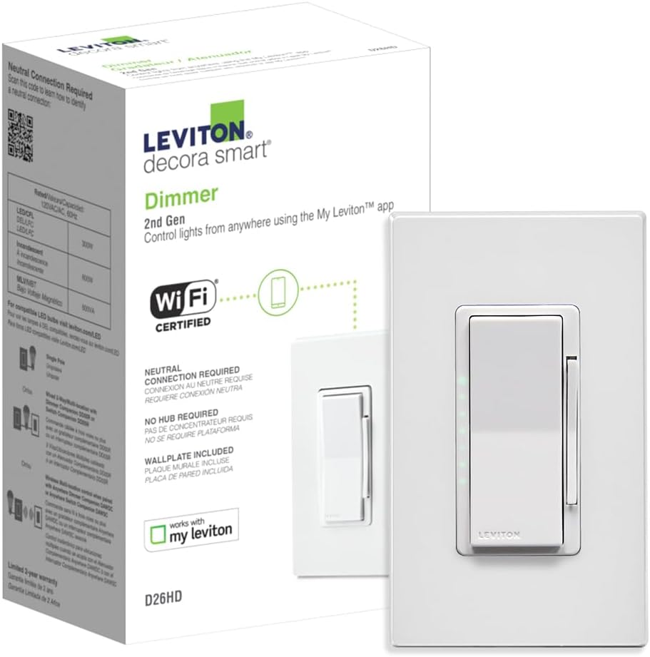 Leviton Decora Smart Dimmer Switch, Wi-Fi 2nd Gen, Neutral Wire Required, Works with Matter, My Levi