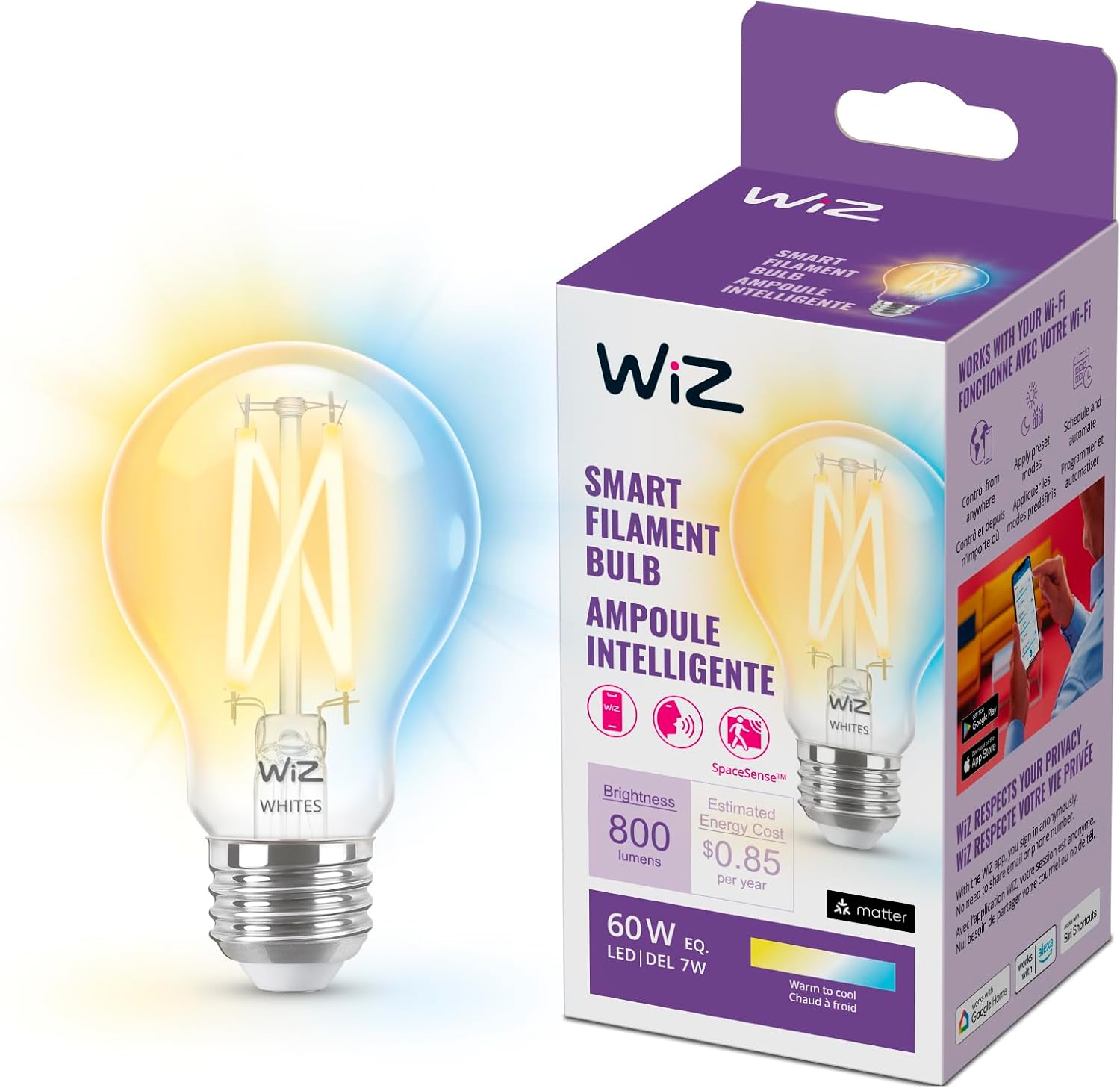 WiZ Clear 60W A19 Tunable White Filament LED Smart Bulb - Pack of 1 - E26- Indoor - Connects to Your