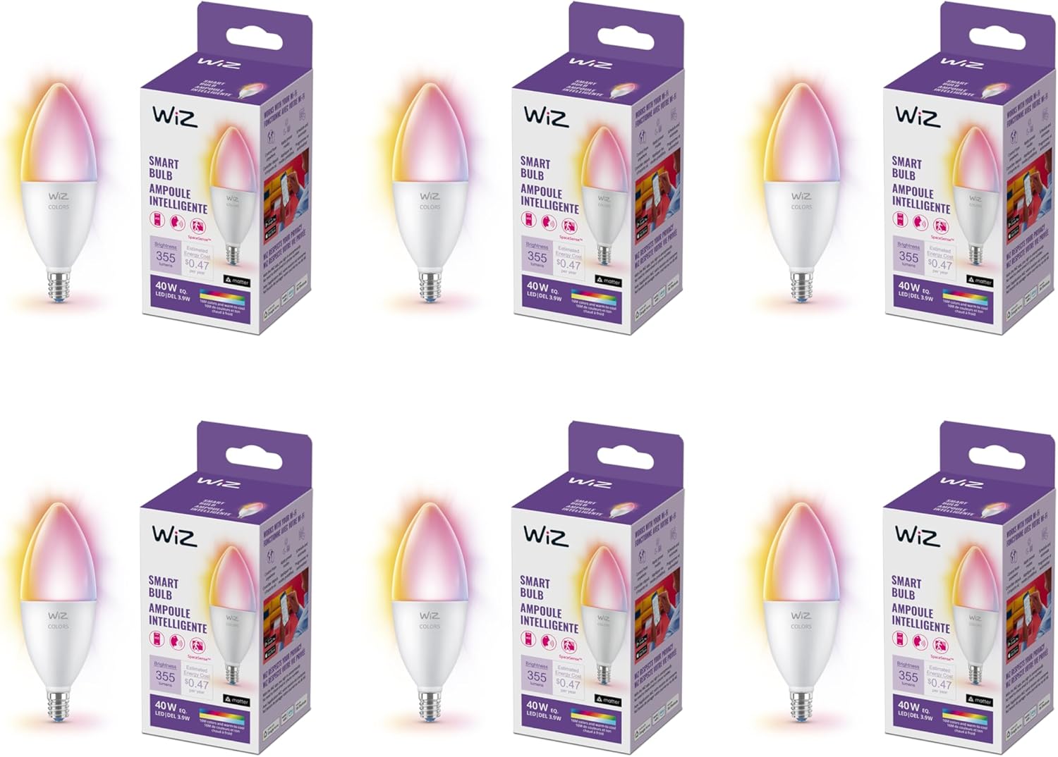 WiZ 40W B12 Candle Bulb Light, 6-Pack Smart Bulbs, Indoor E12 LED Color Changing Lights, Connects to