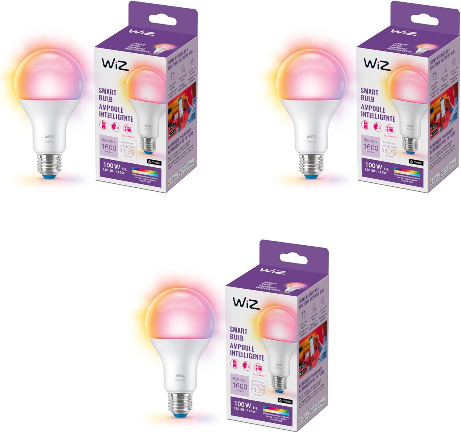 WiZ Connected 100W A21 Color LED Smart Bulb 3-Pack - E26- Indoor - Connects to Your Existing Wi-Fi -
