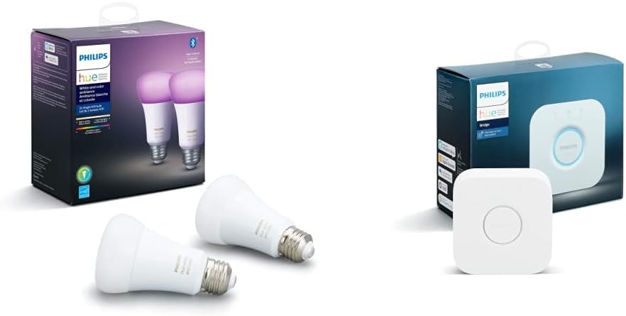 Philips Hue (1) Bridge with (2) Smart 60W A19 LED Bulb, White and Color Ambiance Color-Changing Ligh