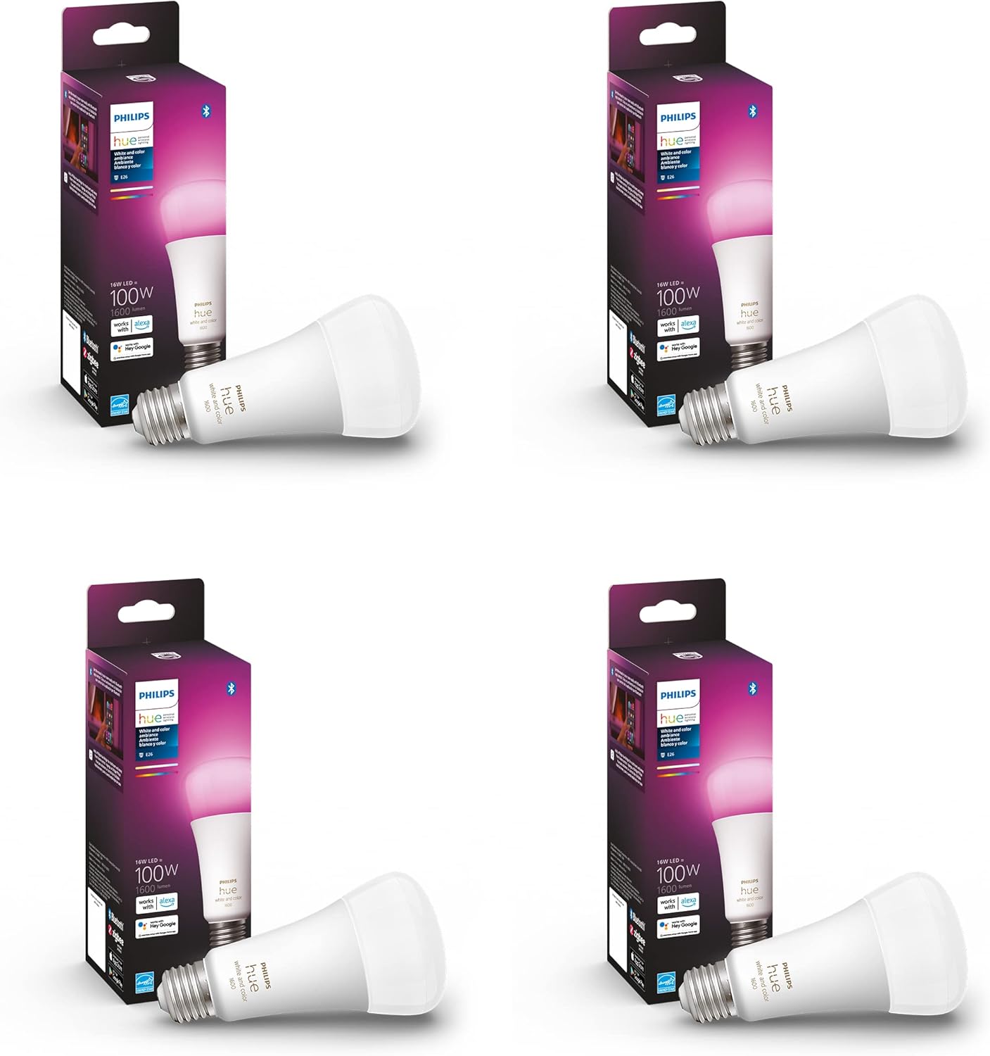 Philips Hue Smart 100W A21 LED Bulb - White and Color Ambiance Color-Changing Light - 4 Pack - 1600L