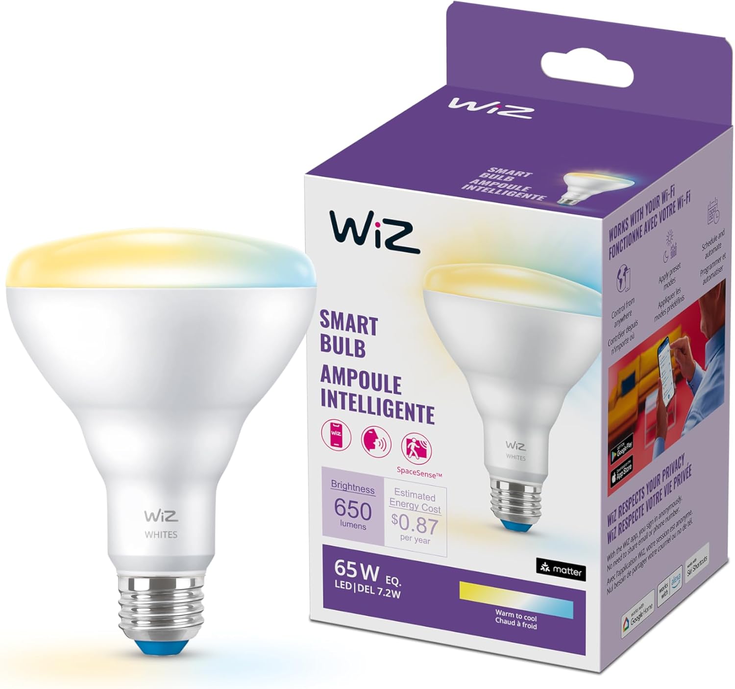 WiZ 65W BR30 Tunable White LED Smart Bulb - Pack of 1 - E26- Indoor - Connects to Your Existing Wi-F