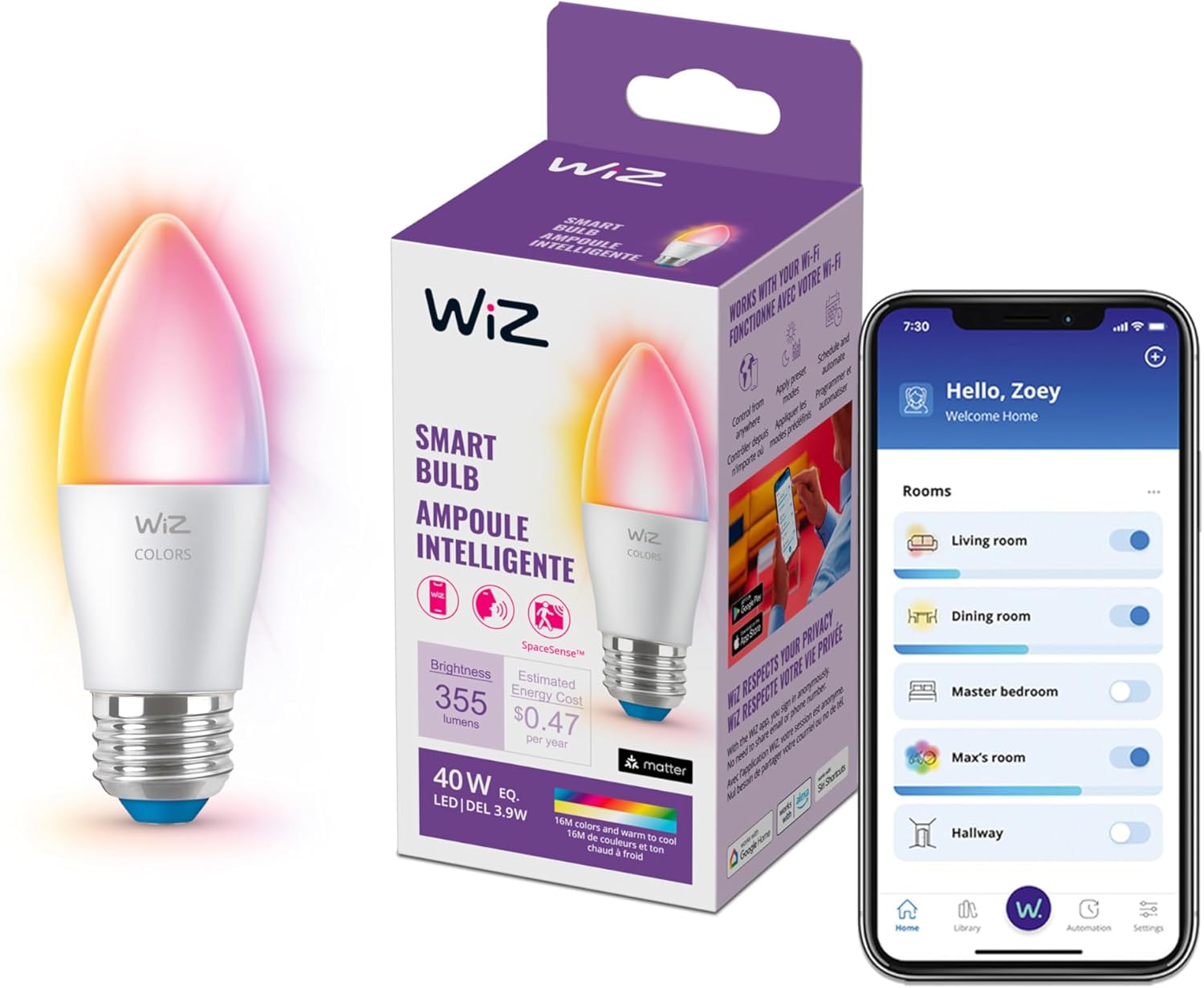 WiZ 40W B12 Color LED Smart Candle-Shaped Bulb - Pack of 1 - E26- Indoor - Connects to Your Existing