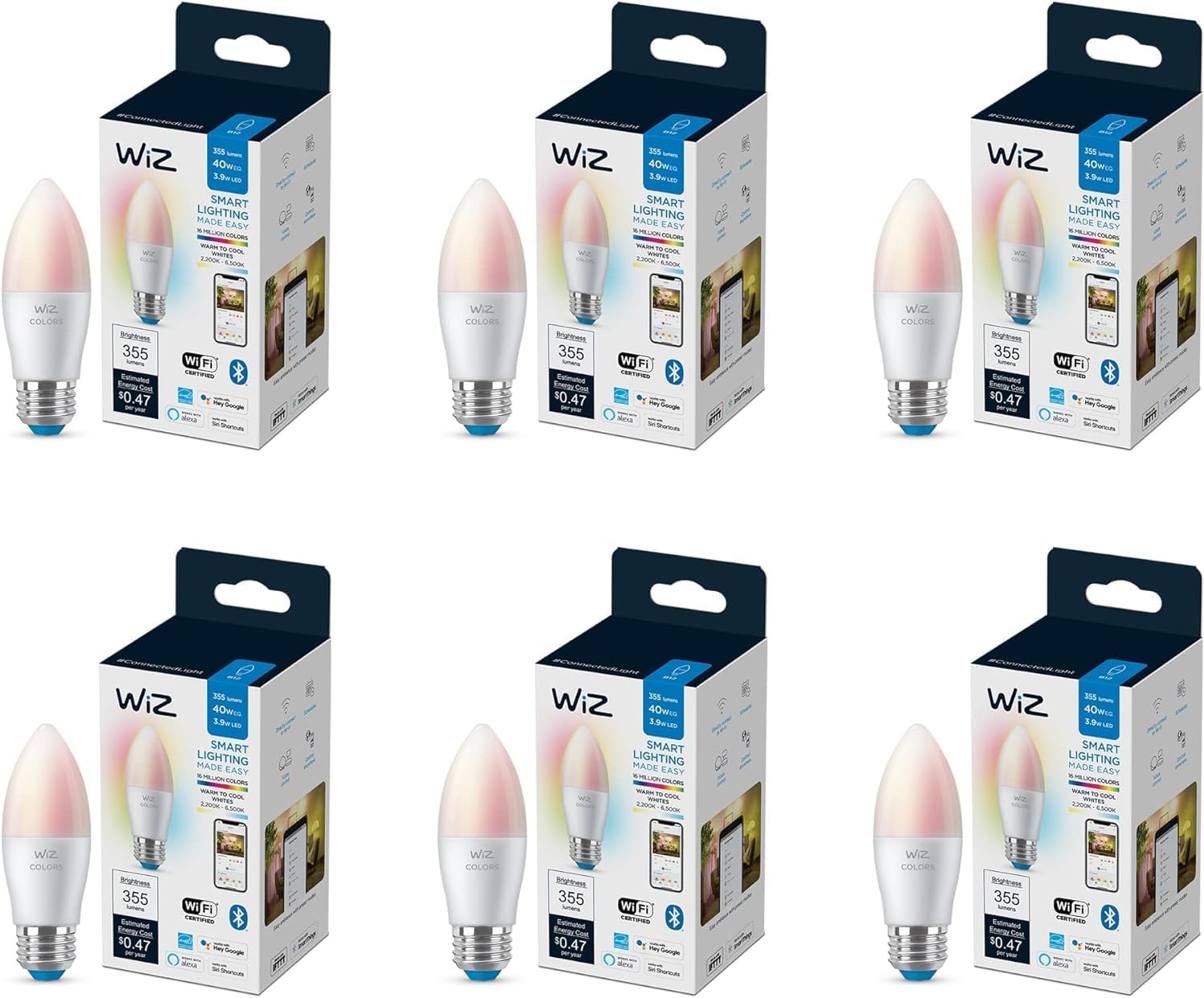 WiZ 40W B12 Color LED Smart Candle-Shaped Bulb - Pack of 6 - E26- Indoor - Connects to Your Existing