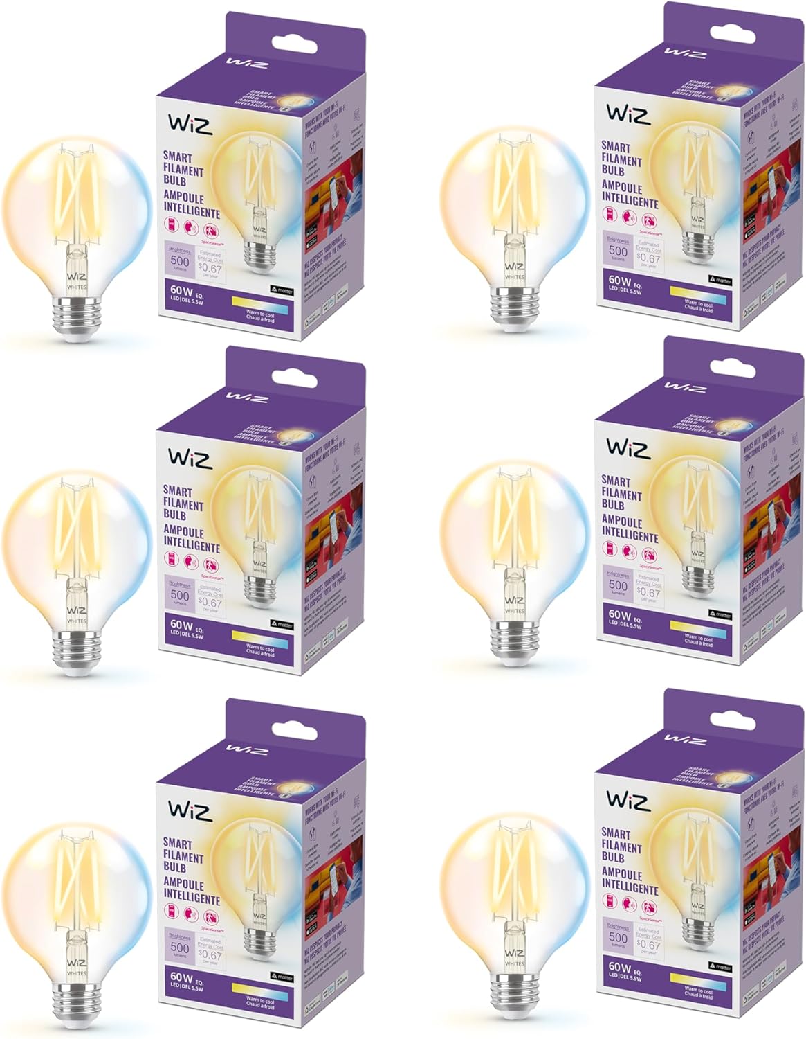 WiZ Clear 60W G25 Tunable White Filament LED Smart Bulb - Pack of 6 - E26- Indoor - Connects to Your