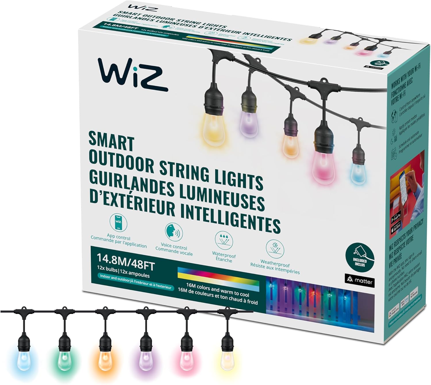 WiZ Connected 48FT Color Changing Outdoor String Lights - Water and Weatherproof - Adapter Included