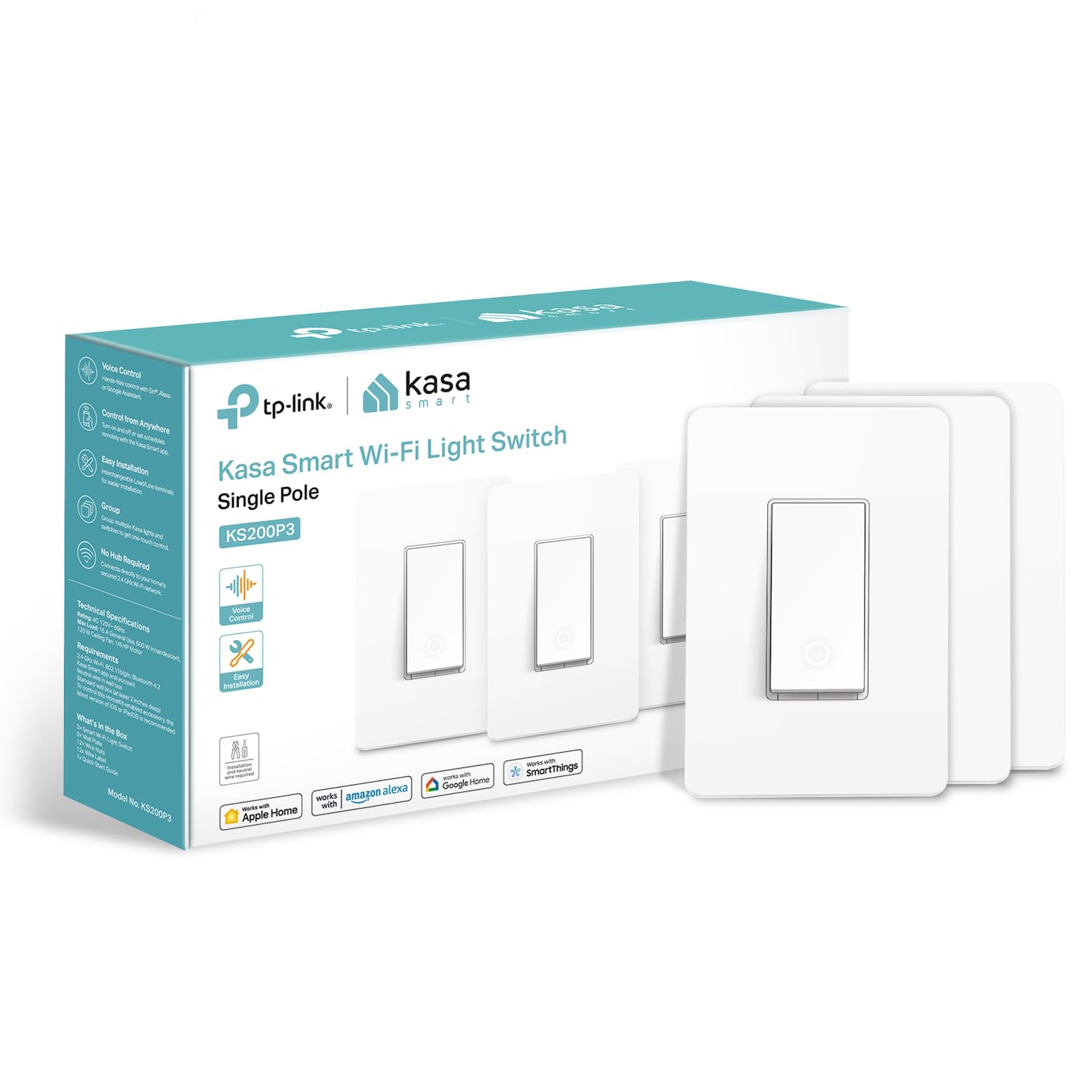 Kasa Apple HomeKit Smart Light Switch KS200P3, Single Pole, Neutral Wire Required, 2.4GHz Wi-Fi Ligh