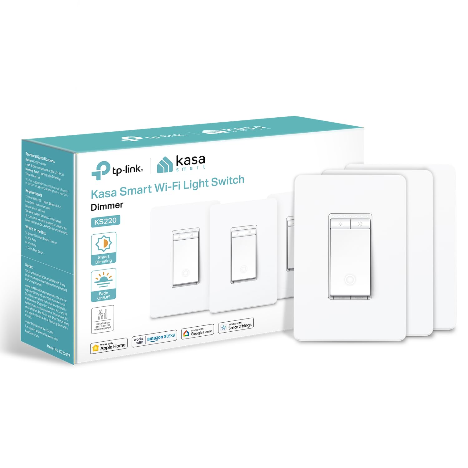 Kasa Apple HomeKit Smart Dimmer Switch KS220P3, Single Pole, Neutral Wire Required,2.4GHz Wi-Fi Ligh