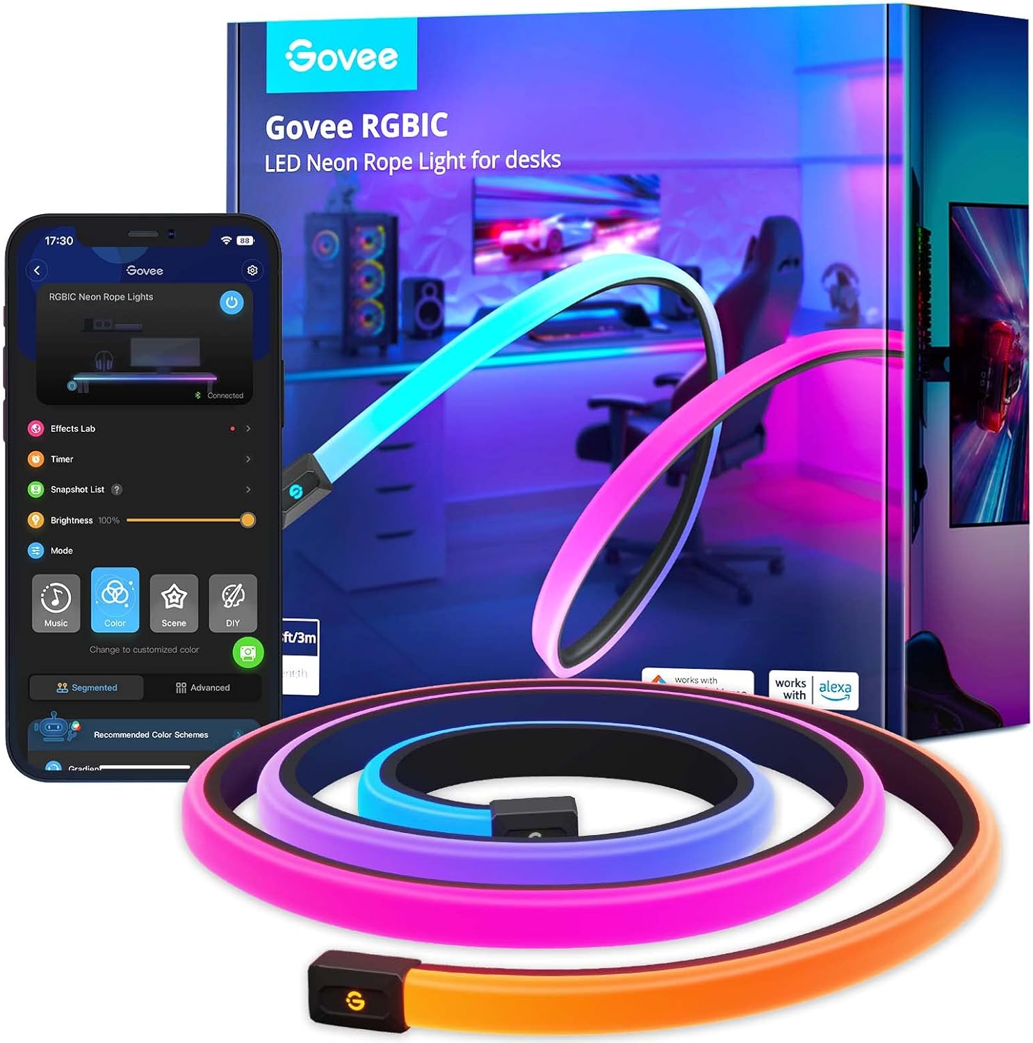 Govee RGBIC Gaming Lights, 10ft Neon Rope Lights Soft Lighting for Gaming Desks, LED Strip Lights Sy