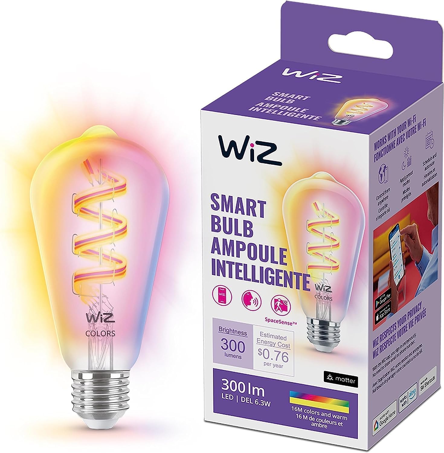 WiZ Color ST19 Color Filament LED Smart Bulb - Pack of 1-300 Lumen - E26 Indoor - Connects to Your E
