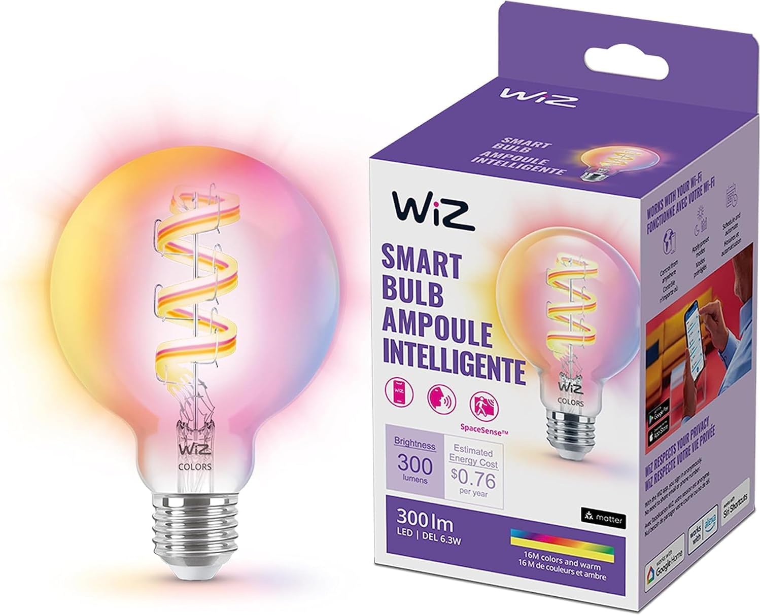 WiZ Color G25 Color Filament LED Smart Bulb - Pack of 1-300 Lumen - E26 Indoor - Connects to Your Ex