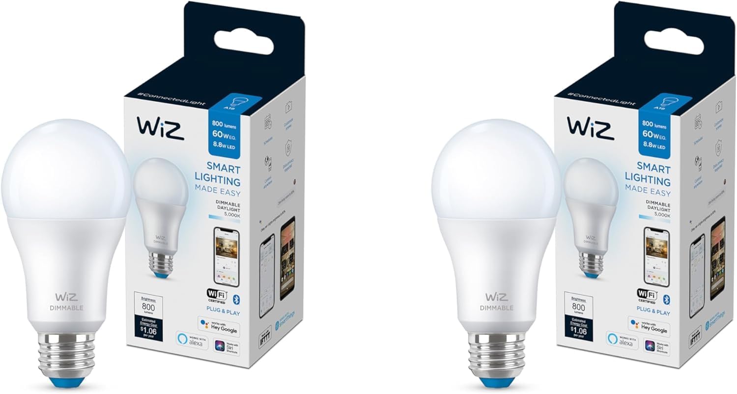 WiZ 60W A19 Dimmable Daylight (5000K) LED Smart Bulb - Pack of 2 - 800 Lumen - E26 - Indoor - Connec