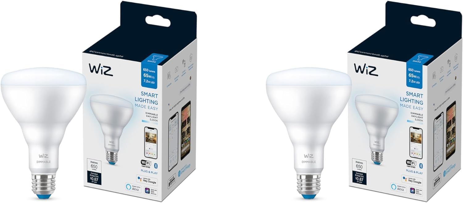 WiZ 65W Eq.(7.2W) BR30 Daylight (5000K) LED Smart Bulb - Pack of 2 - 650 Lumen- E26 - Indoor - Conne