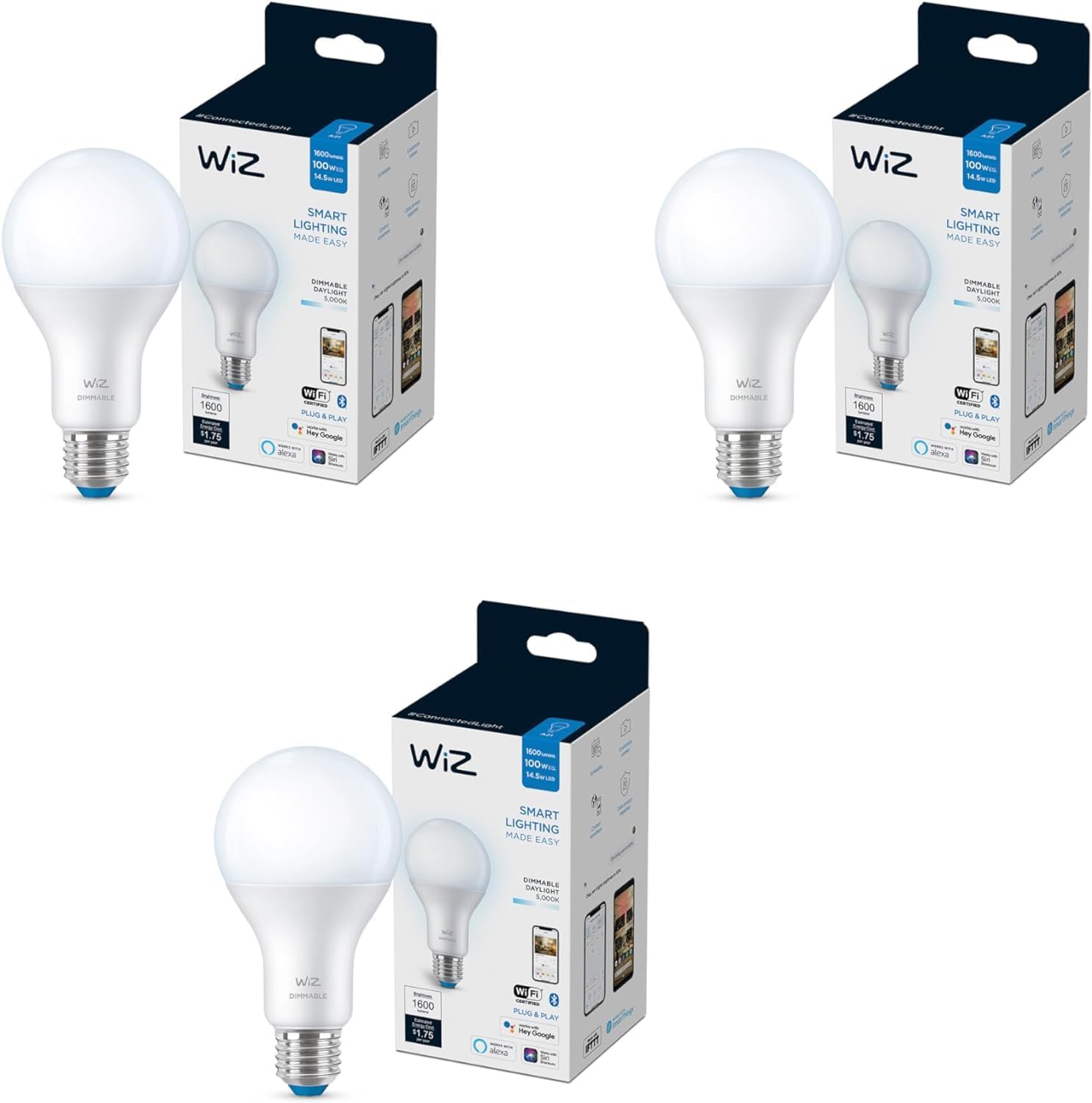 WiZ 100W Eq. (14.5W) A21 Daylight (5000K) LED Smart Bulb - Pack of 3 - 1600 Lumen- E26 - Indoor - Co