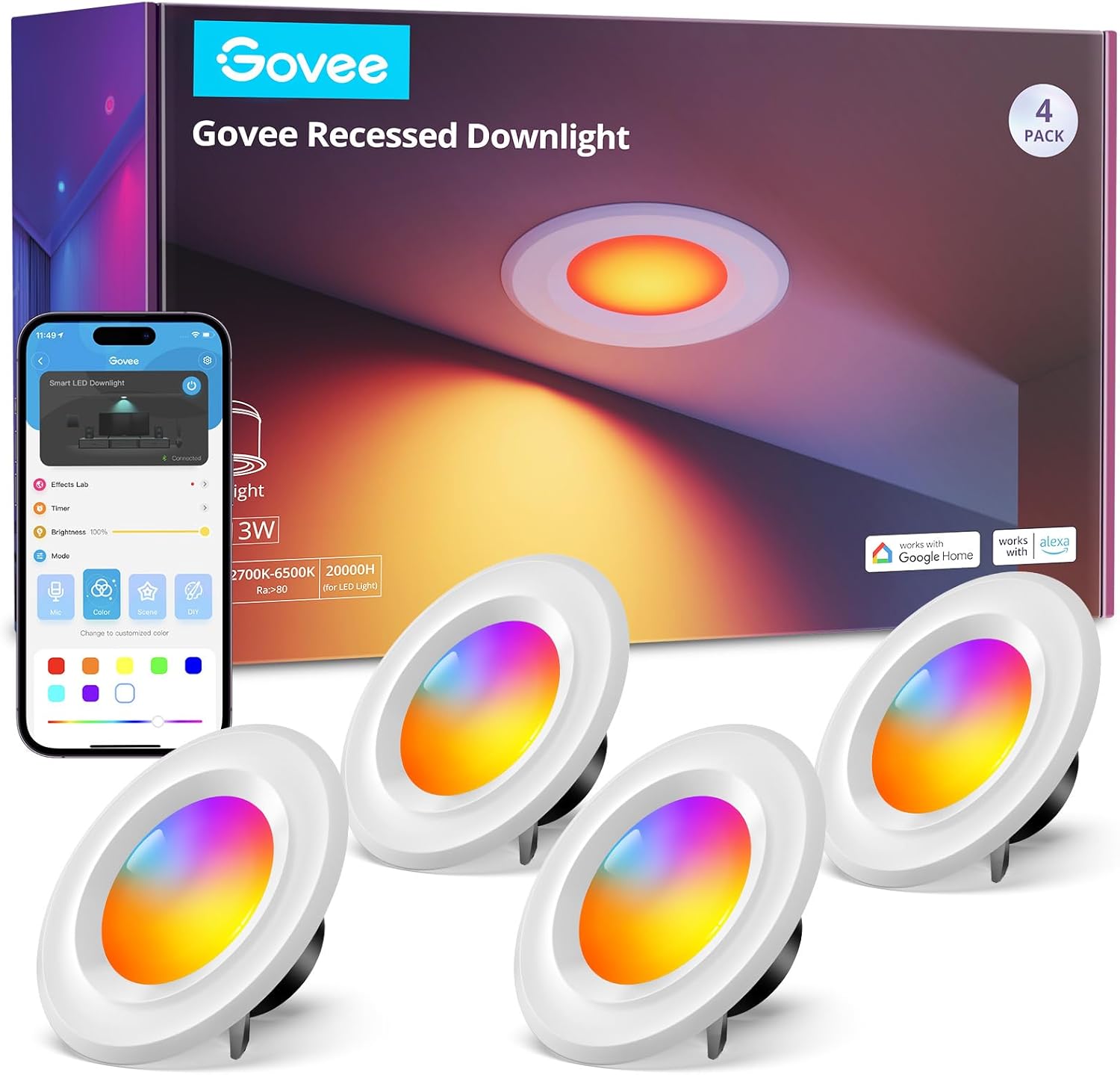 Govee Smart Retrofit Recessed Lighting 6 Inch, Wi-Fi Bluetooth Direct Connect RGBWW Retrofit Can Lig
