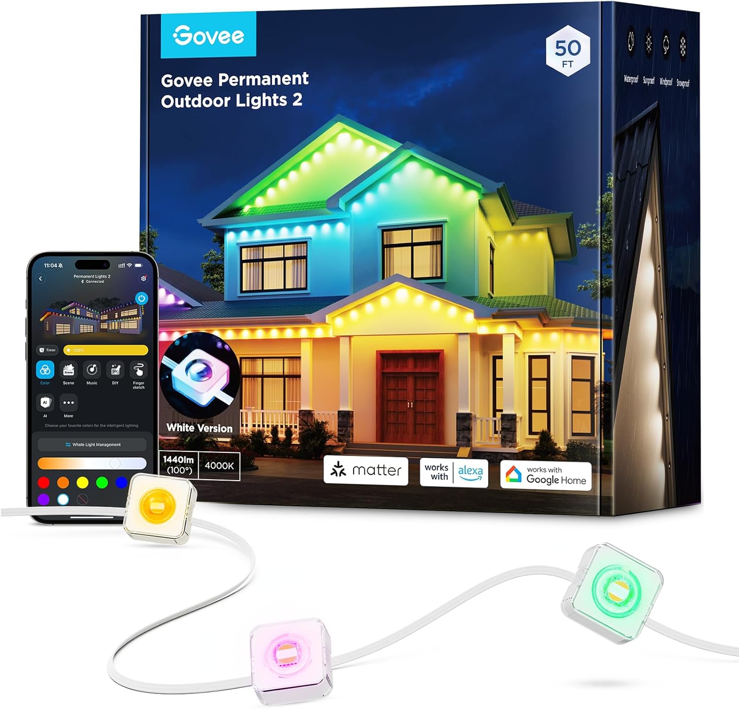 Govee Permanent Outdoor Lights 2, 50ft RGBIC Outdoor Lights with 36 LED Lights, IP67 Waterproof, 100