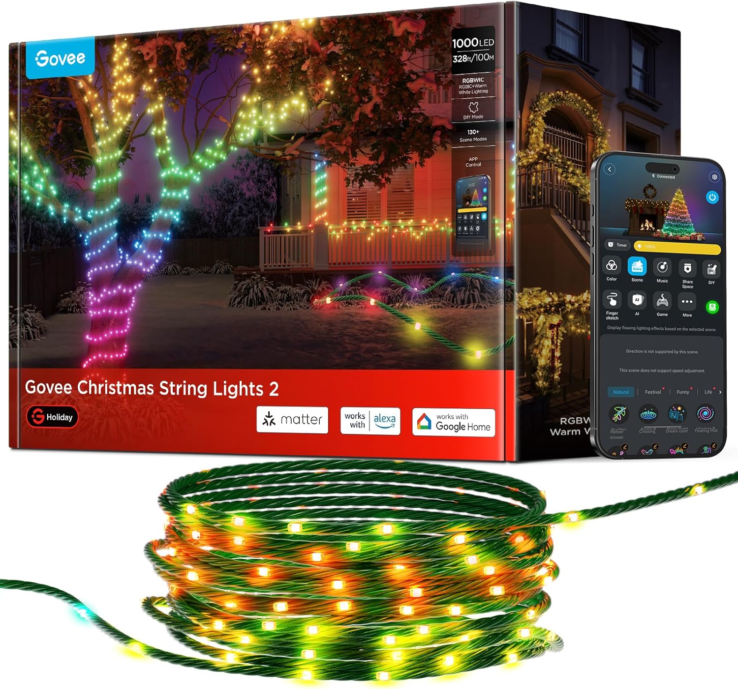 Govee Christmas Lights 2, RGBWIC 328FT 1000LEDs String Lights for Holiday Decor, Smart Indoor Outdoo