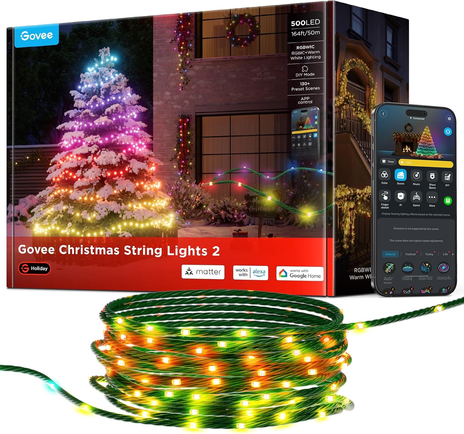 Govee Christmas Lights 2, RGBWIC 164FT 500LEDs String Lights for Holiday Decor, Smart Indoor Outdoor