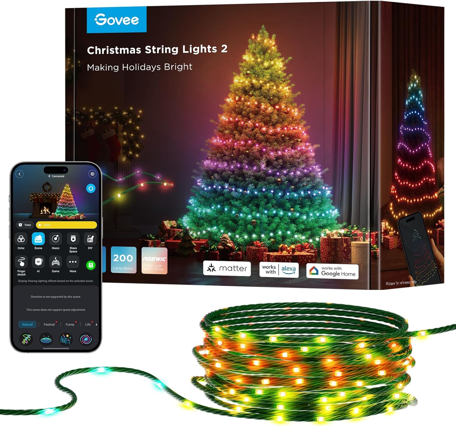 Govee Christmas Lights 2, RGBWIC 66FT 200LEDs Holiday String Lights with Shape Mapping Function, Sma
