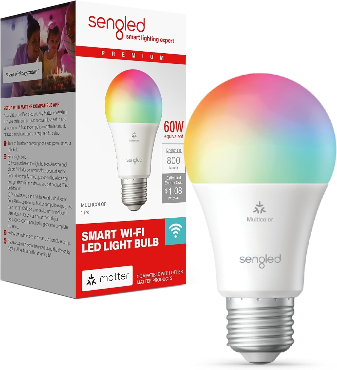 Sengled LED Smart Light Bulbs G2, Matter-Enabled, Color Changing Light Bulb, Smart Bulbs, 60W Equiva