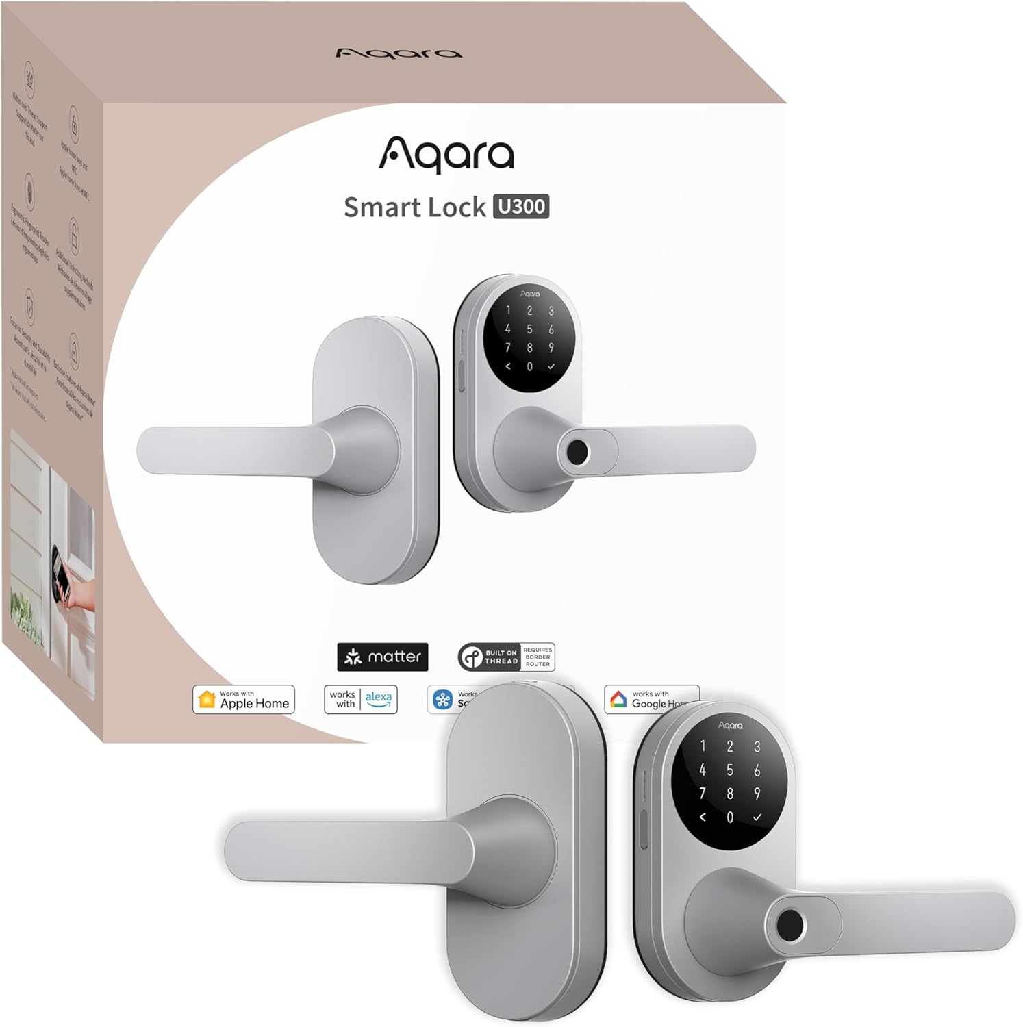 Aqara Smart Lock U300, Fingerprint Keyless Entry Door Lock with Handle, Matter Over Thread with Appl