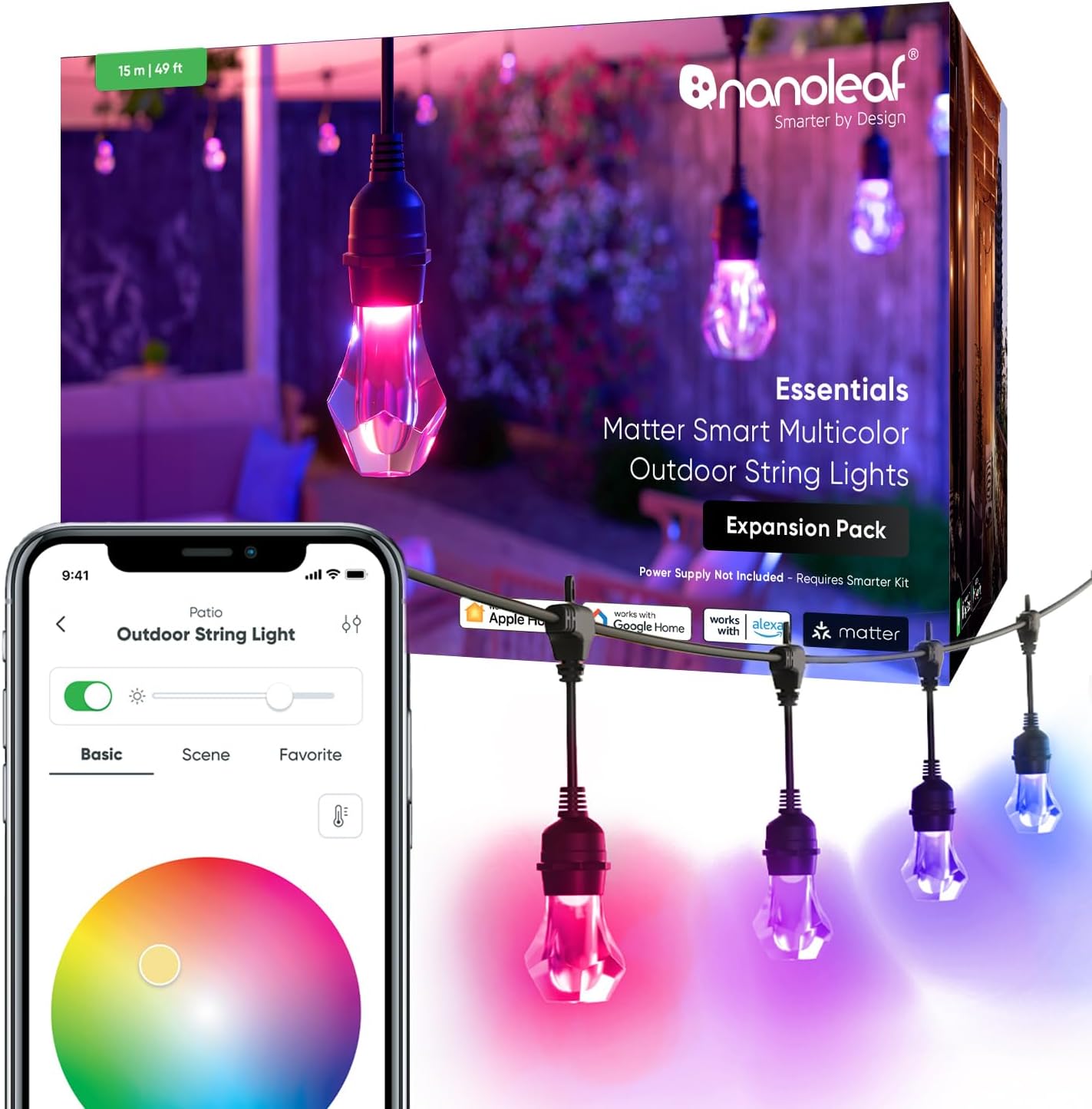 Nanoleaf Essentials Matter Smart Multicolor Outdoor String Lights Smarter Kit with Addressable RGBIC