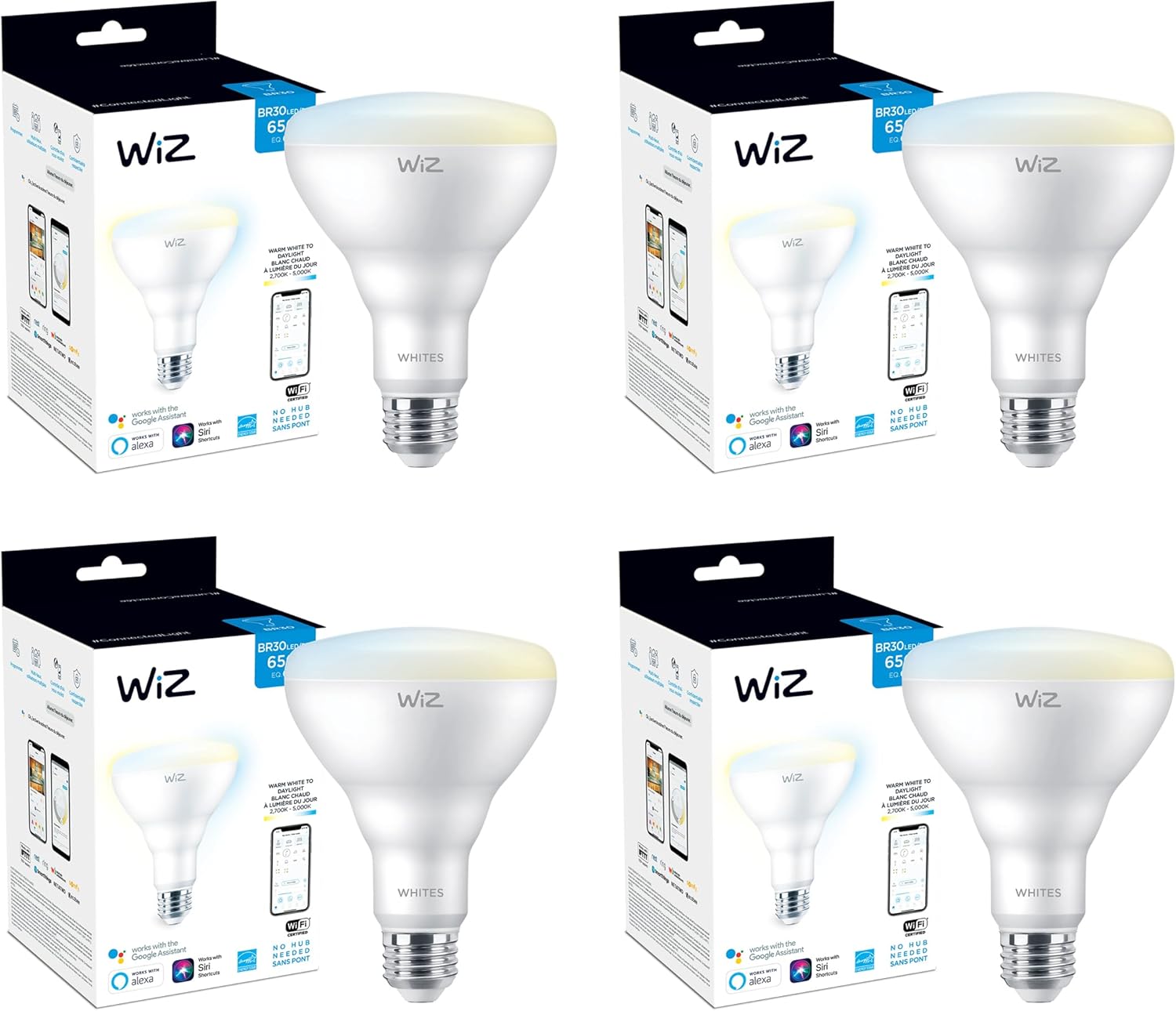 WiZ 65W BR30 WiFi Tunable White, Smart LED Light Bulb (556118) - 4 Pack