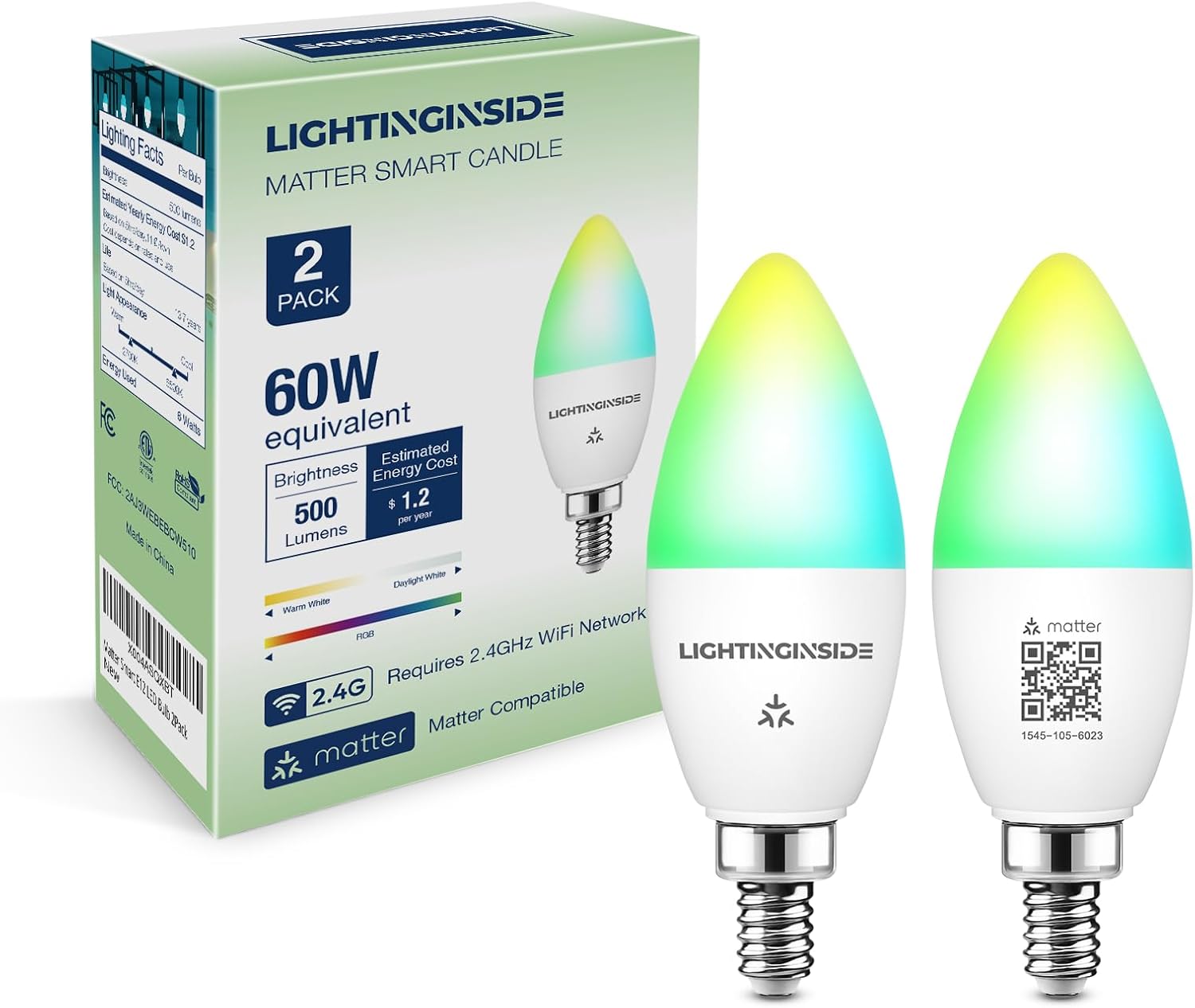 Lightinginside Matter Candelabra Smart Light Bulbs 60W Equivalent, 500LM 6W E12 LED Bulb Compatible