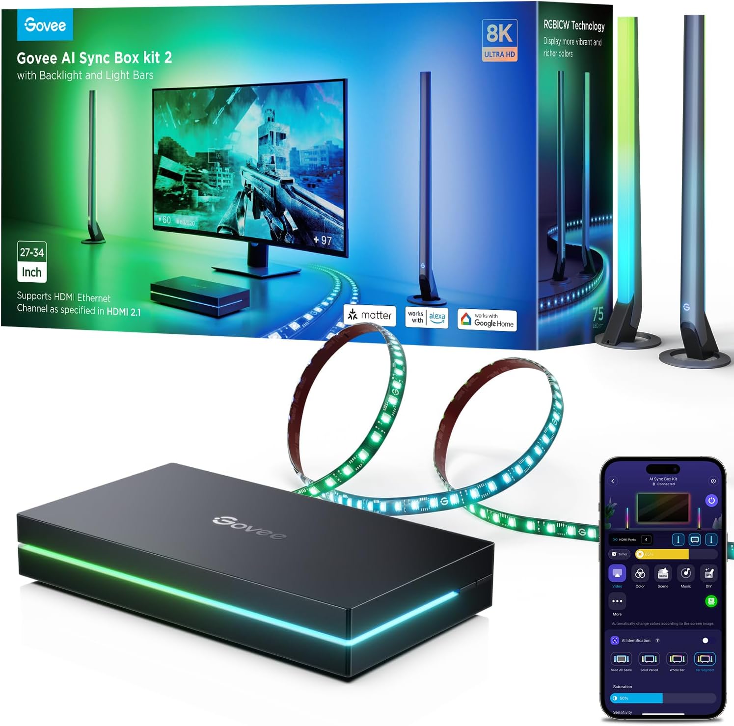 Govee HDMI 2.1 Sync Box Kit 2, Includes AI Sync Box, Light Bars, and Monitor Backlight, Supports 8K@