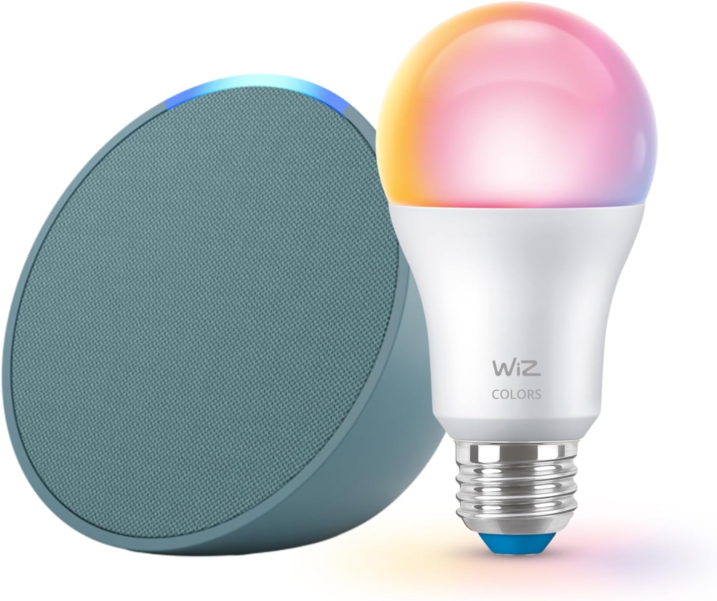 Echo Pop (newest model) with WiZ 60W A19 LED Smart Color Bulb - Connects to Your Wi-Fi - E26 Base -
