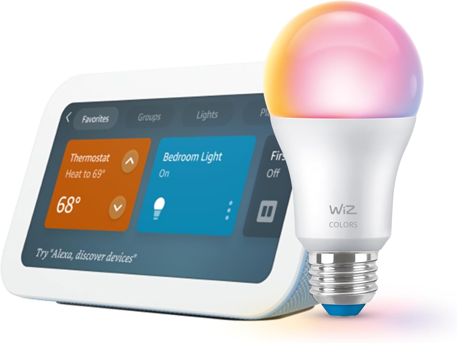 Echo Show 5 (newest model) with WiZ 60W A19 LED Smart Color Bulb - Connects to Your Wi-Fi - E26 Base