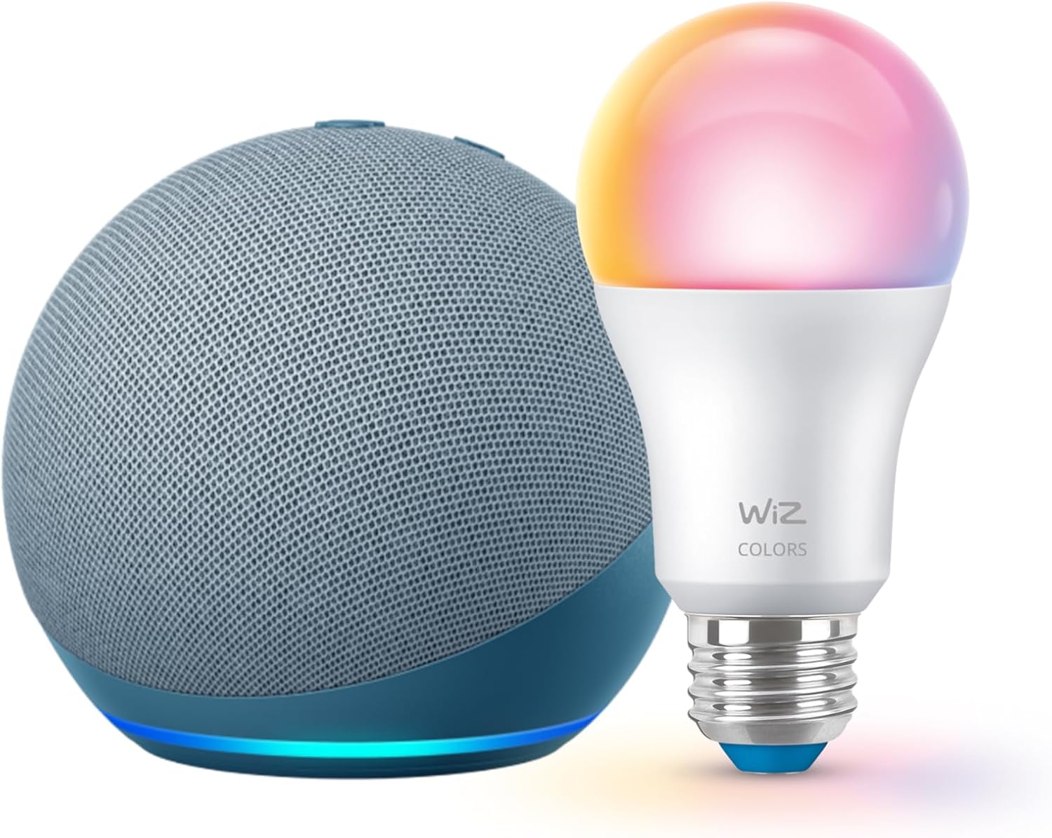 Echo 4th Gen (newest model) with WiZ 60W A19 LED Smart Color Bulb - Connects to Your Wi-Fi - E26 Bas