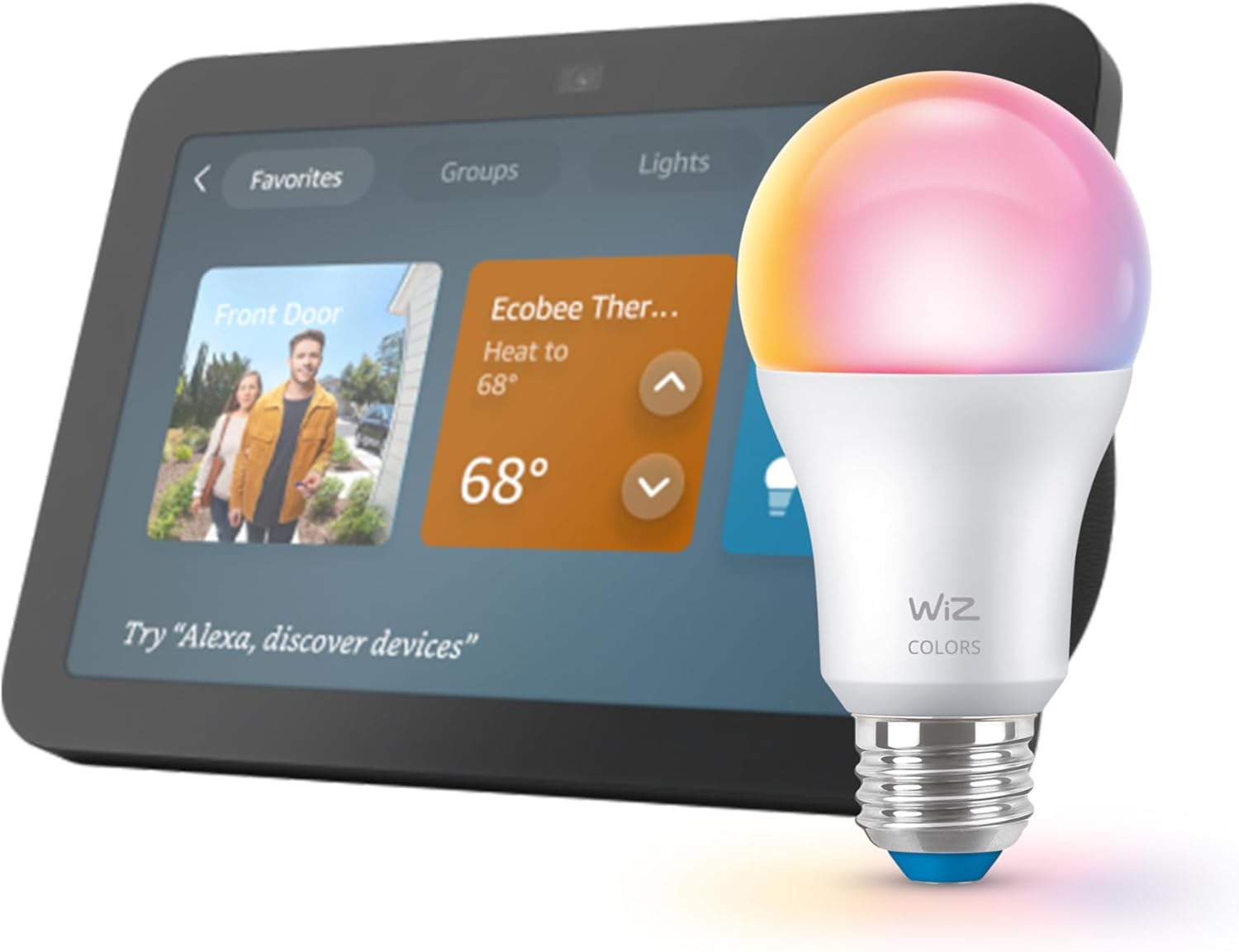Echo Show 8 (newest model) with WiZ 60W A19 LED Smart Color Bulb - Connects to Your Wi-Fi - E26 Base