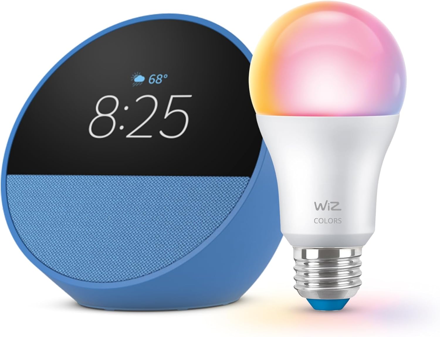 Echo Spot (newest model) with WiZ 60W A19 LED Smart Color Bulb - Connects to Your Wi-Fi - E26 Base -