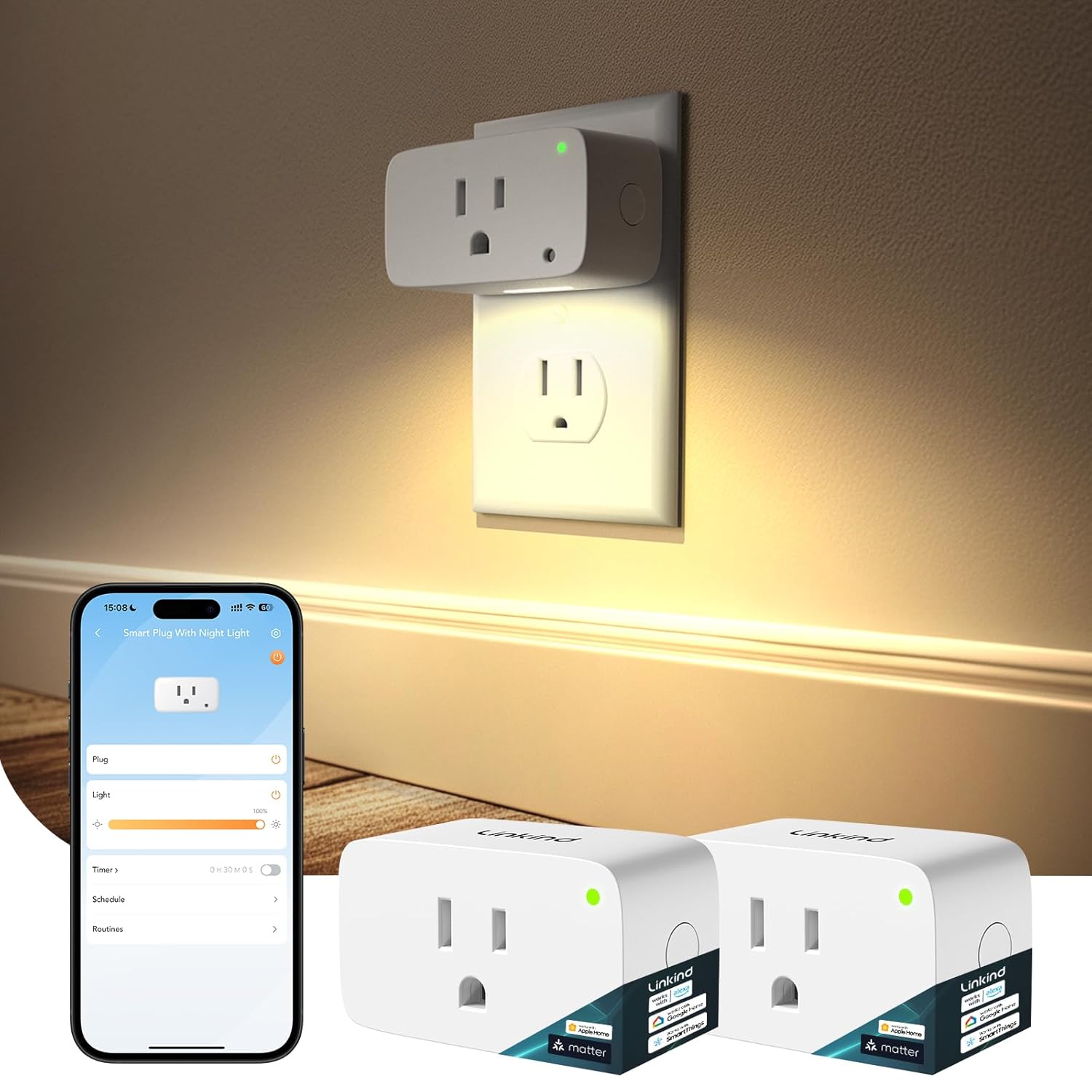 Linkind Matter Smart Plug with LED Night Light, Work with Alexa, Apple Home, Google, Smart Outlet 15