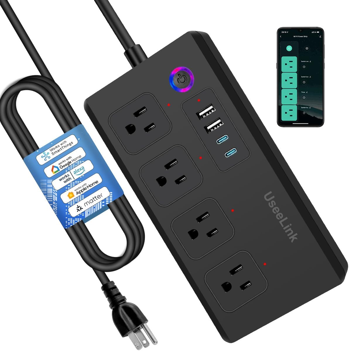 Matter Smart Power Strip,Works with Apple HomeKit, Siri, Alexa, Google Assistant, with 4 Individuall