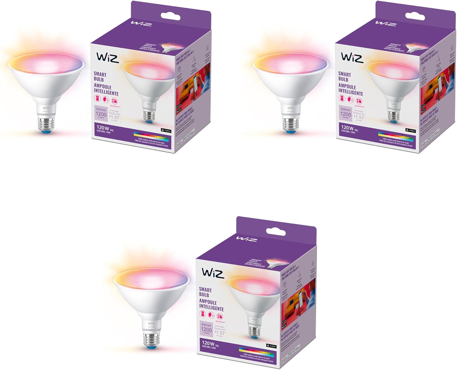WiZ Connected 120W PAR38 LED Smart Light Bulbs - 3 Pack - Connects to Your Wi-Fi - E26 Smart Bulb -