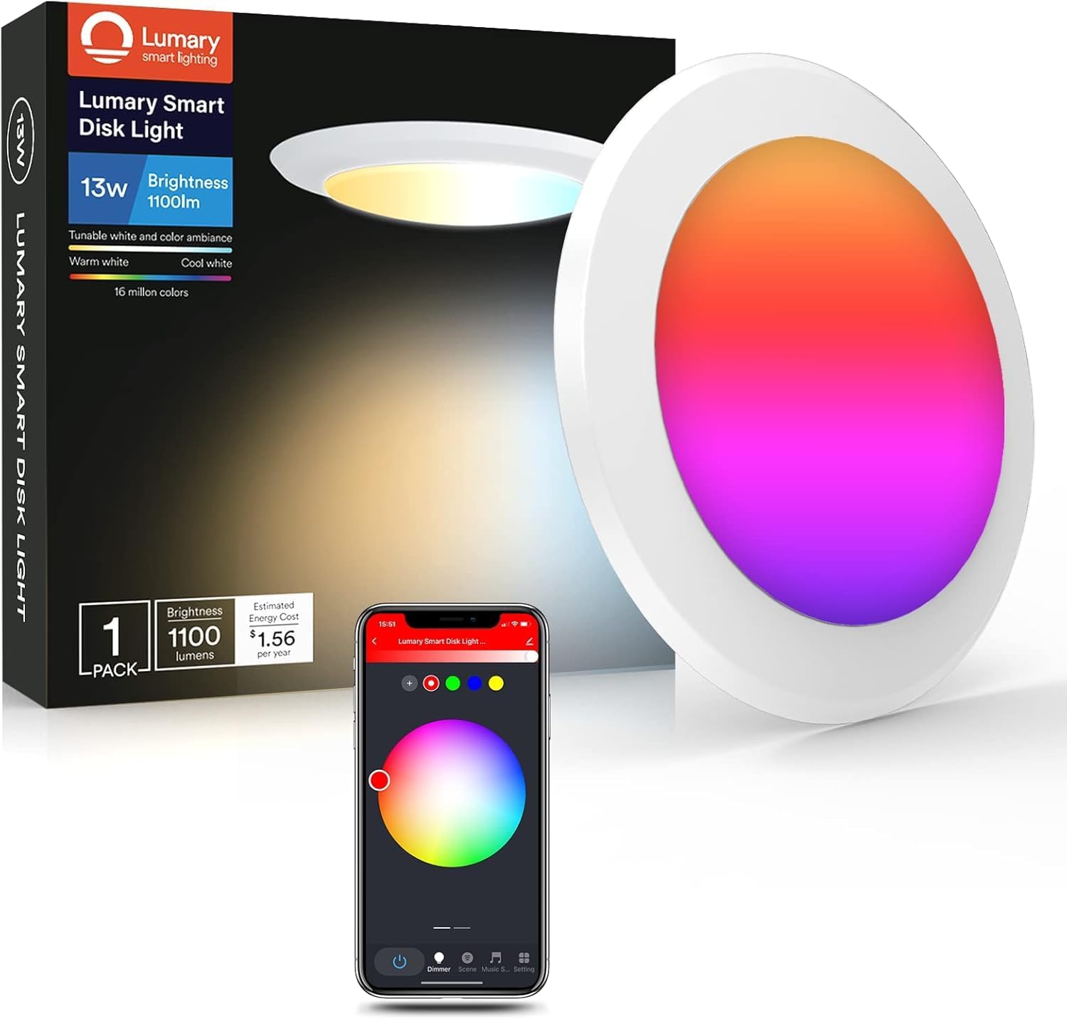 Lumary Smart Flush Mount Ceiling Lights 5/6 Inch, RGBWW WiFi LED Disk Light, Color Changing 2700-650