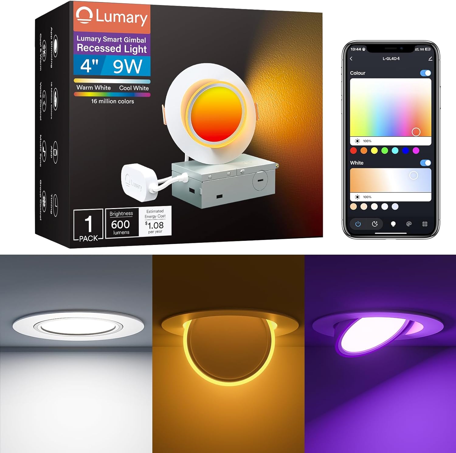 Lumary 4 Inch Smart Gimbal Recessed Lighting Ultra with 2200k Night Light,270°+90°Rotatable LED Rece