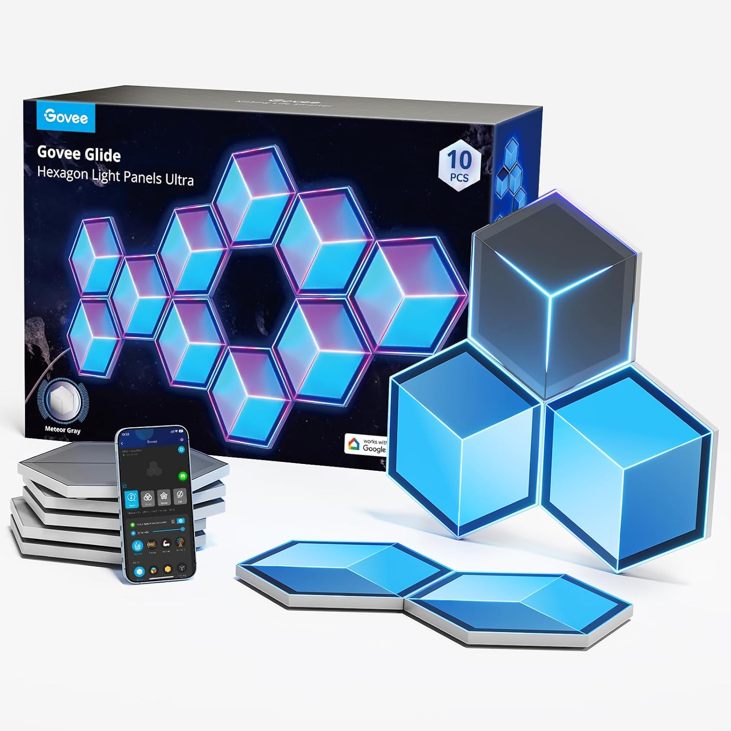 Govee Glide Hexagon Light Panels Ultra, RGBIC 3D Wall Lights with DIY Program, 60 Scenes and 129 Lam