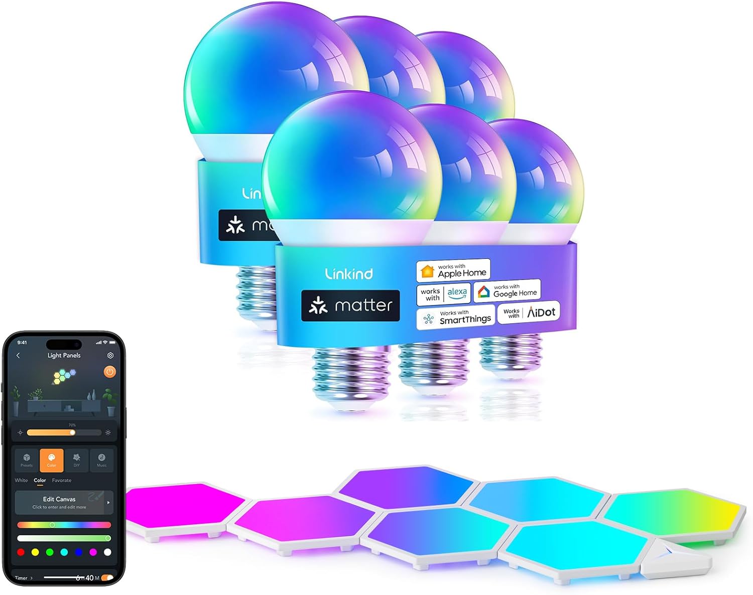 Linkind Matter Smart Light Bulb 6 Pack and Smart Hexagon Lights 7 Pack Compatible with Alexa and Goo