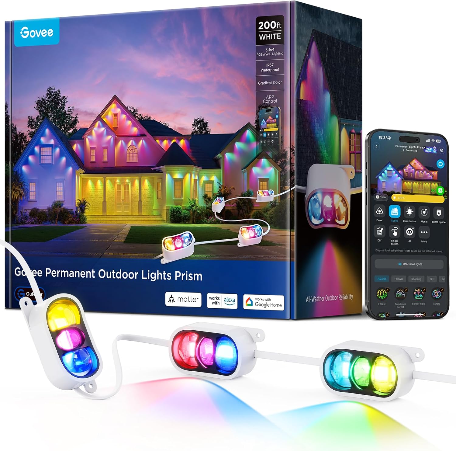 Govee Permanent Outdoor Lights Prism, 200ft with 72 Triple-Color Lighting Heads, 100+ Scene Modes, U