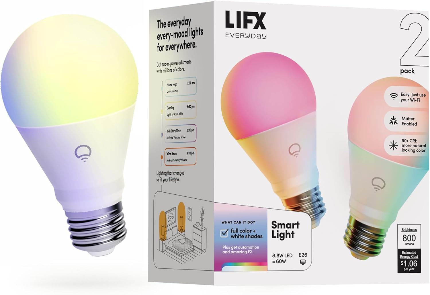 LIFX Everyday A19 Smart LED Light Bulb, 800 Lumens, 90+ CRI, Color Changing, Dimmable, Wi-Fi, Matter