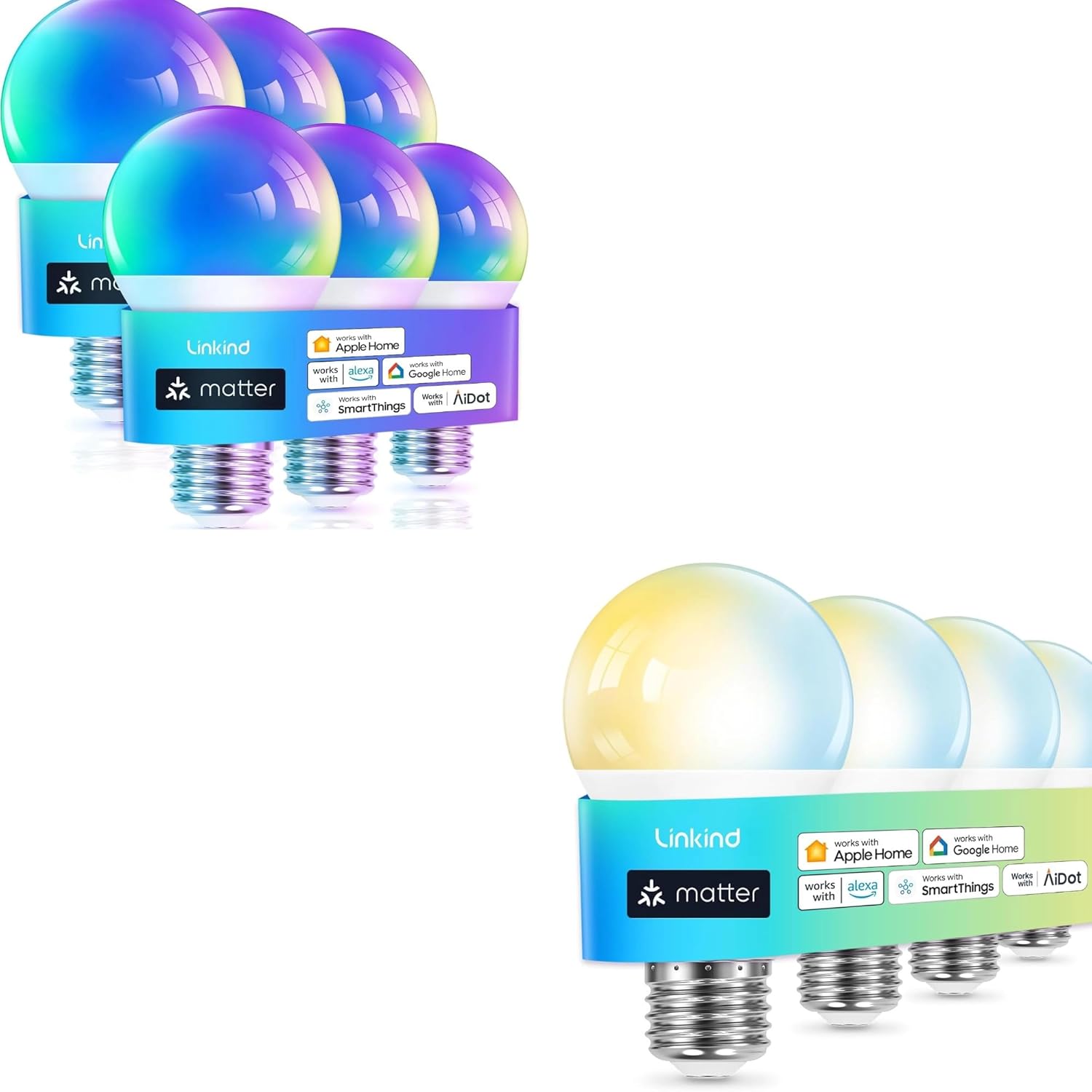 Linkind Matter RGBTW Color Changing Bulbs 6 Pack Bundle Matter Soft White to Daylight Smart Light Bu